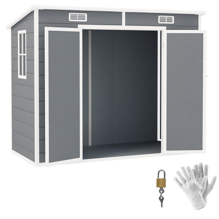 Casetta Box da Giardino 240x130 cm con Pavimento 2 Porte con Blocco e Finestra in Resina Grigio