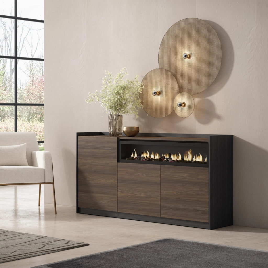 Credenza, Mobile, Cucina, 156x80x37 cm, 3 Porte, Camino elettrico, Rovere scuro e Nero