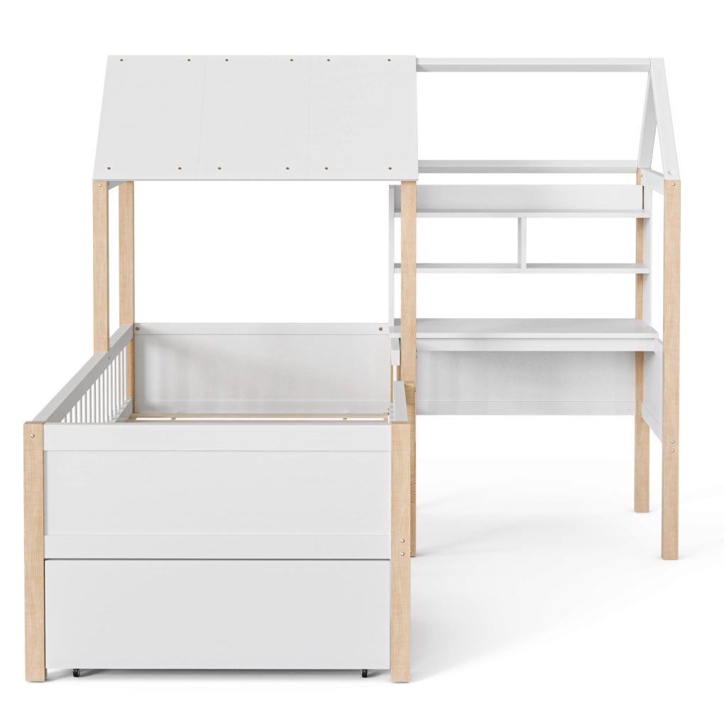 Letto a casetta per bambini 90x200 cm con scrivania e scaffale