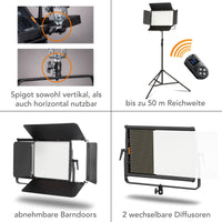 2x LED Niova 150-F Pro luce d'area incl. 2x treppiede per lampada, luce d'area da 150 W con bicolore, luminosità della luce da studio dimmerabile, luce video con radiocomando