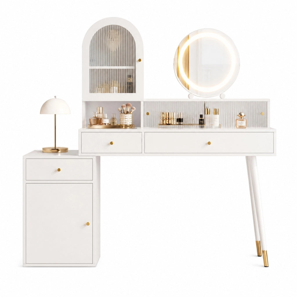 Toeletta 140x40x140 cm bianca in MDF e vetro, piano regolabile e specchio LED
