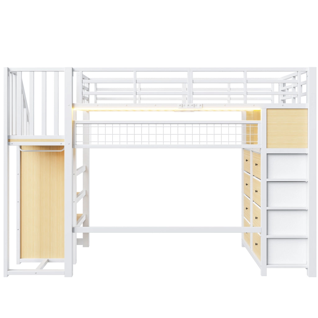 Letto a soppalco 90x200 cm con 8 cassetti e LED in MDF e metallo bianco