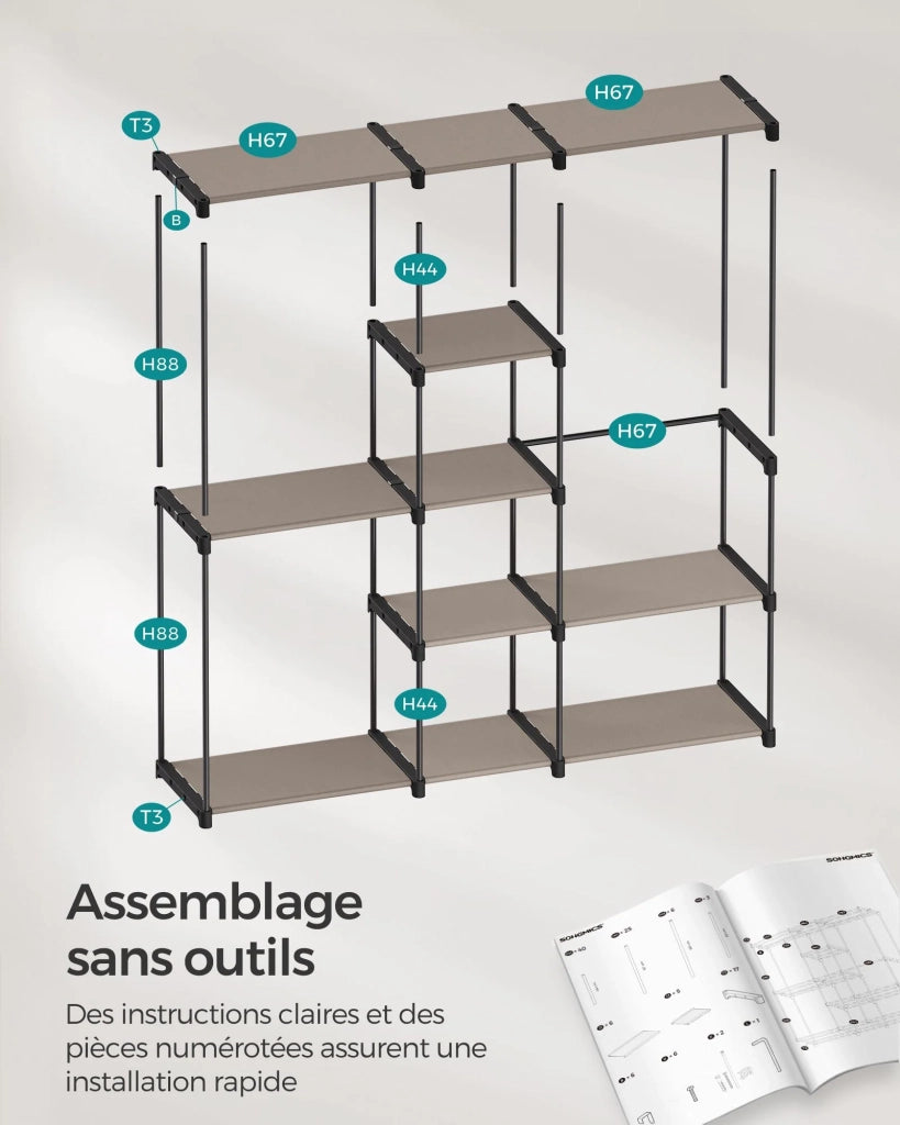 Armadio appendiabiti 43 x 138 x 182 cm 3 scomparti appendiabiti con ripiani grande capacità per camera da letto per adulti camera da letto per bambini soggiorno spogliatoio nero 12_0003977