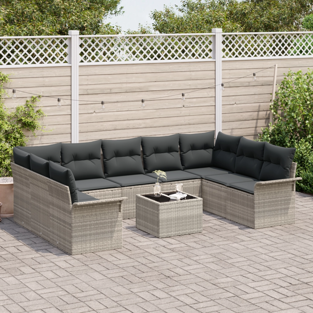 Set Divano da Giardino da 10 Pezzi con Cuscini Grigio Polyrattan