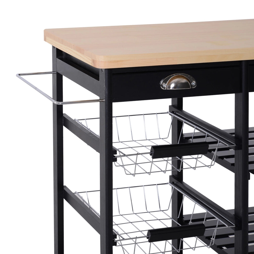 Carrello da Cucina con Cassetti e Portabottiglie Legno e Nero