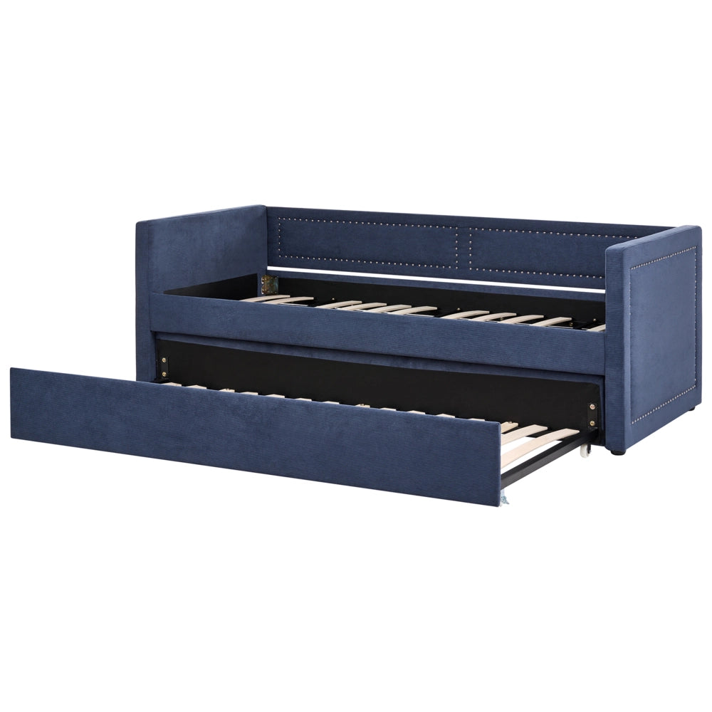 Letto da giorno estraibile velluto a coste blu marino 90 x 200 con rete a doghe e testiera con chiodini