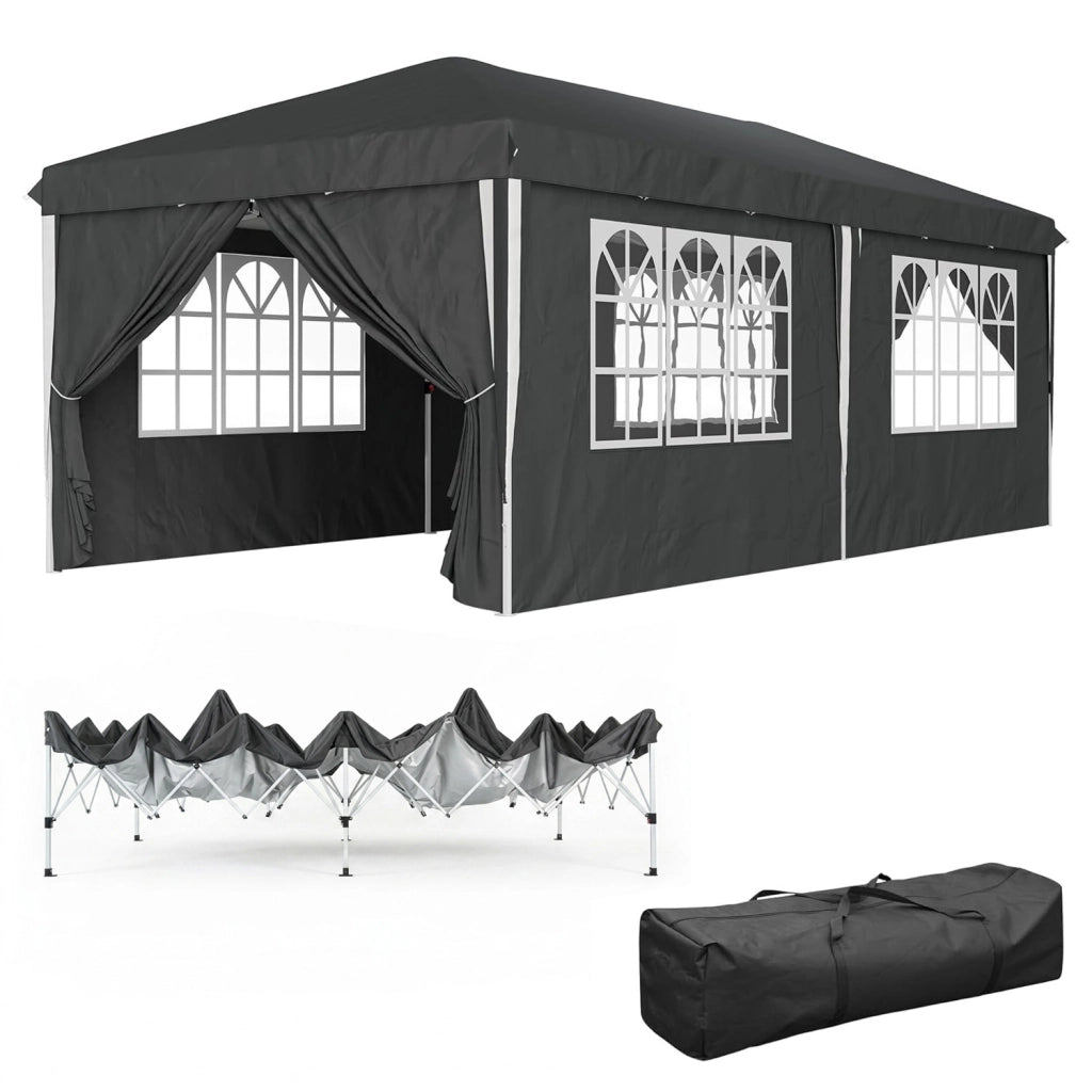 Gazebo Pieghevole 3x6 Metri Con Pareti Laterali E Finestre Impermeabile Altezza Regolabile Struttura In Metallo Nero
