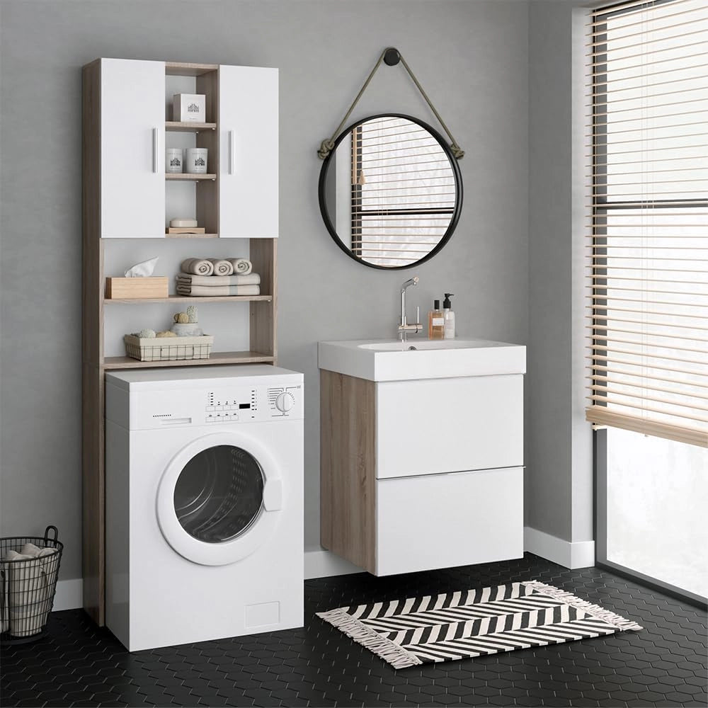 Mobile per lavatrice Luis, Sonoma, 64 x 190 cm, per la conservazione di detersivi e accessori da bagno