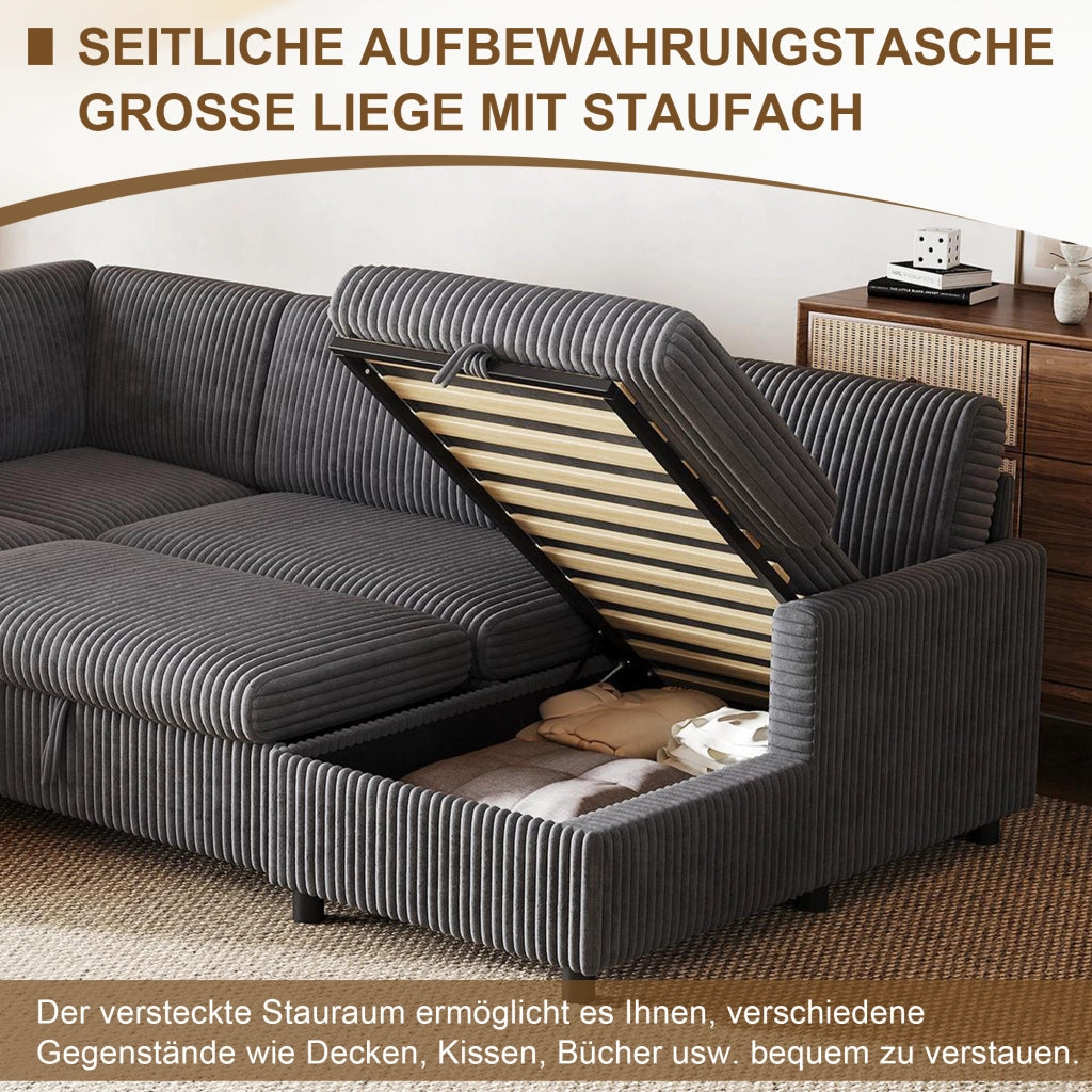 Divano panoramico a U convertibile con letto, contenitore e tessuto a coste, grigio 274 × 220 × 85 cm