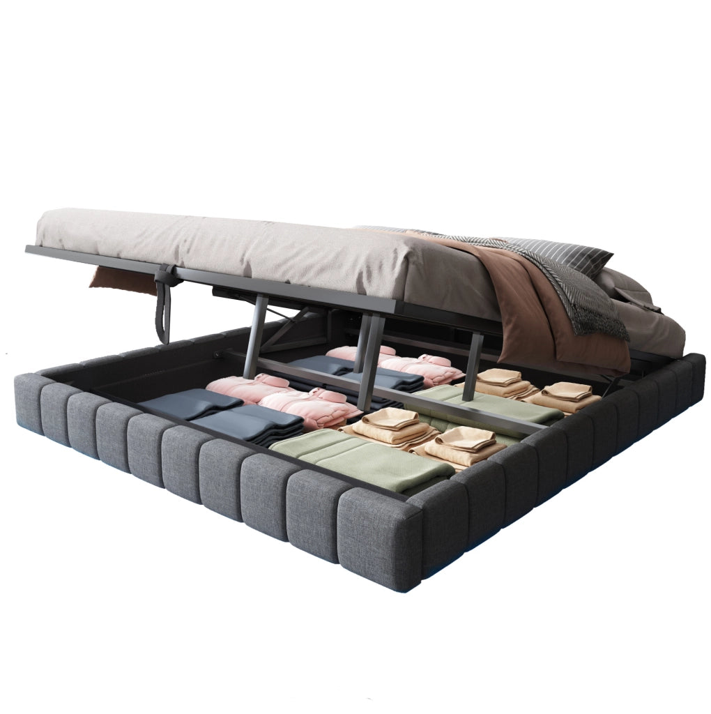 Letto imbottito 180x200 cm sospeso con contenitore e LED; lino; grigio