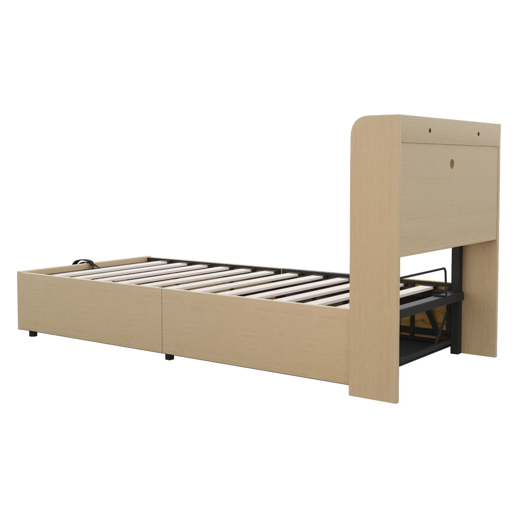 LETTO Contenitore Idraulico 90x200 cm MDF Colore Legno Naturale con USB e USB-C