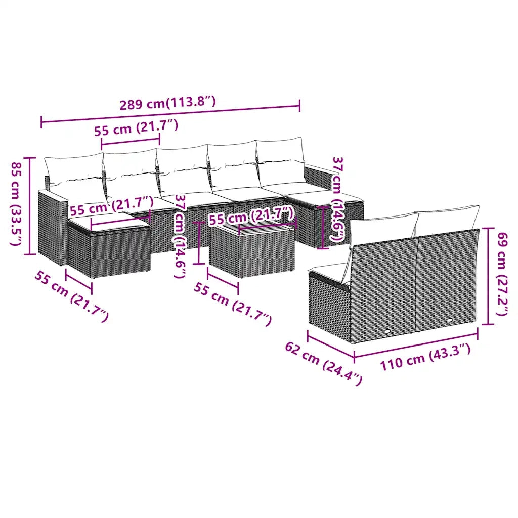 Set Divani da Giardino 10pz con Cuscini in Polyrattan Nero