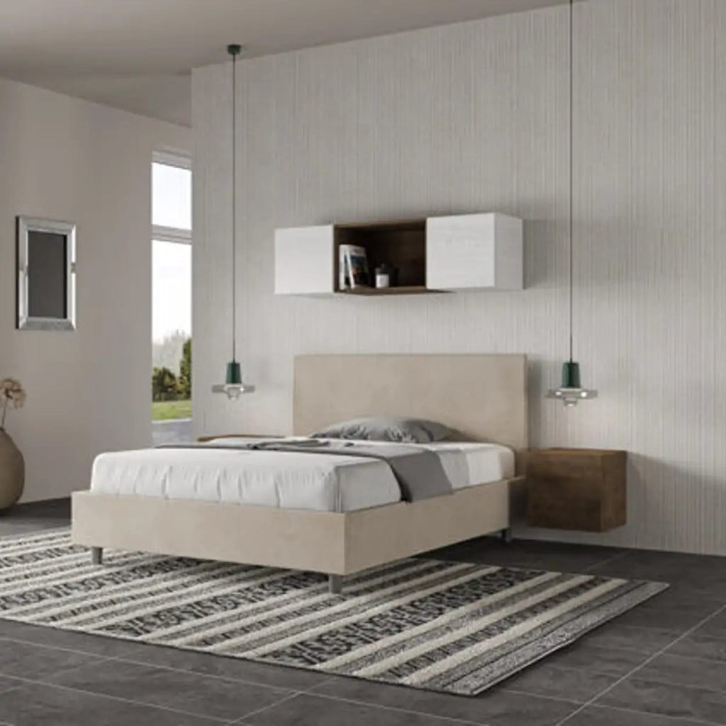 Letto matrimoniale francese contenitore imbottito 140x210 microfibra sabbia Adele