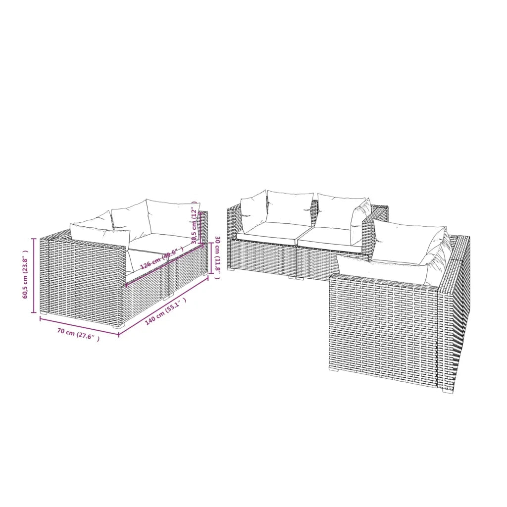 Set Divani da Giardino 6 pz con Cuscini in Polyrattan Nero cod mxl 40457