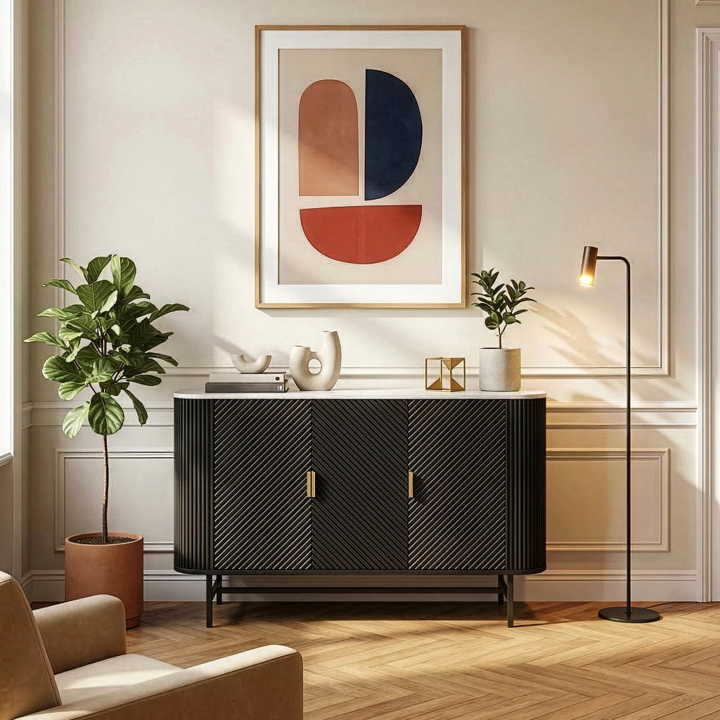 Mobile Contenitore Olvehok a 3 Ante Credenza con 4 Scomparti 110 x 40 x 77 cm - Nero / Effetto Marmo Bianco [en.casa]