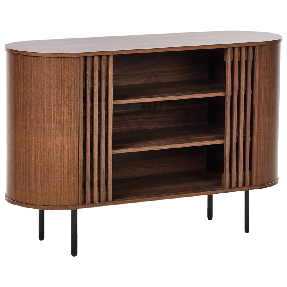 Credenza in truciolato marrone scuro con gambe in metallo stile retrò