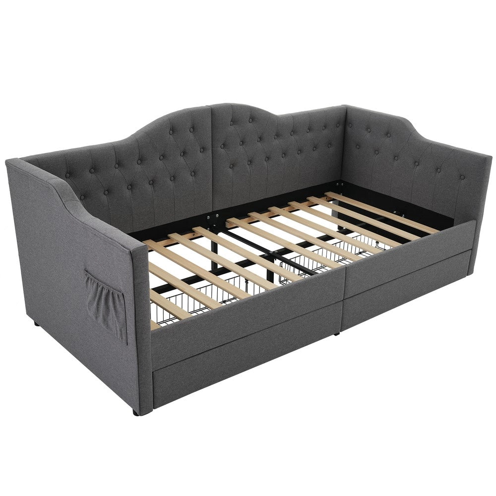 Letto Imbottito Contenitore con USB e Cassetti ¨C MINIMAL ¨C Tessuto Grigio 90x200 senza materasso