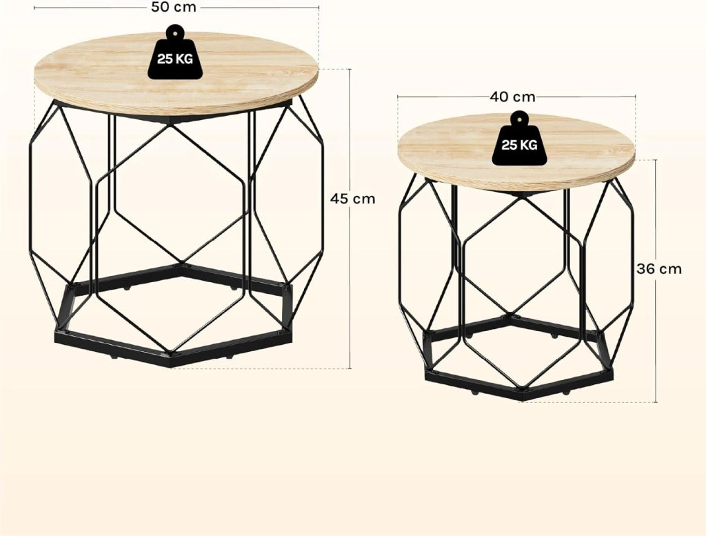 Set di 2 Tavolini da Salotto Rotondi, Tavolini Contenitori in Legno e Metallo, Tavoli da Caffè con Piano Rimovibile, per Soggiorno, Camera da Letto, Legno + Nero, BTS05hei