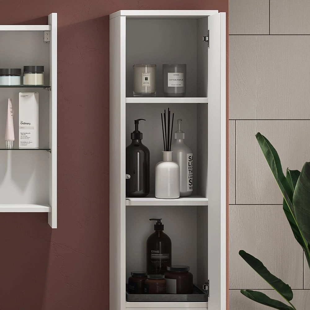 Armadio per il bagno Majest, Bianco lucido, 30.2 x 191.5 cm con ante e vano a giorno, per la conservazione con sei ripiani regolabili