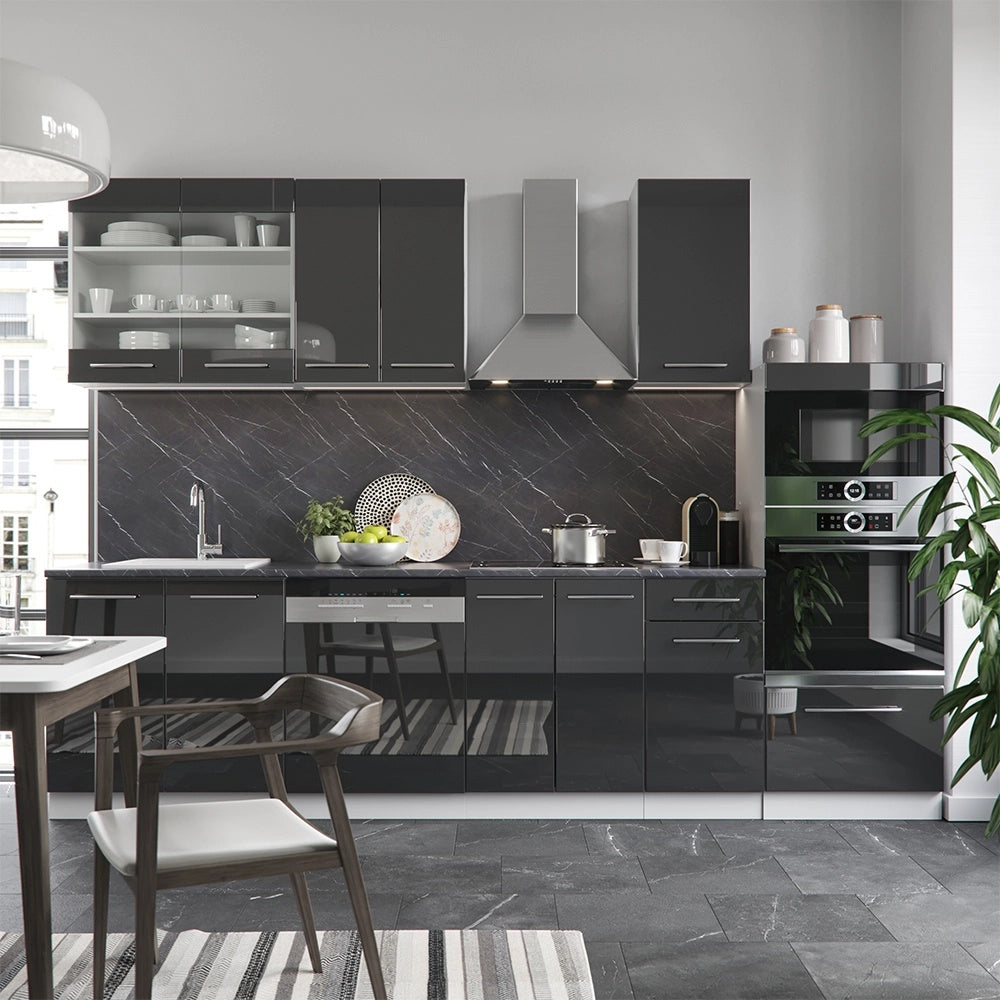 Cucina componibile Fame-Line Antracite lucido/Bianco 300 cm con armadio alto, PL Marmo Vicco
