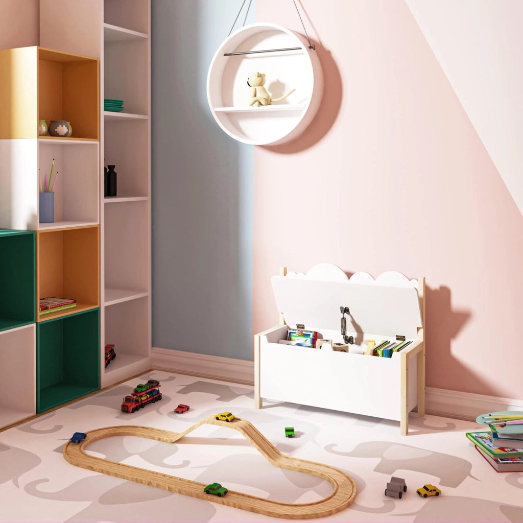 Cassapanca in Legno, Contenitore per Bambini, Baule Portagiochi Mobile, Porta Giocattoli per Cameretta dei Bambini, con Schienale e Coperchio