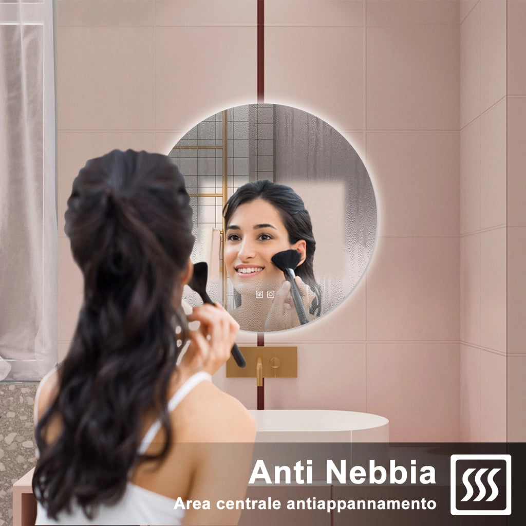 AICA Specchio da bagno 60 x 60 cm, 3 colori, antiappannamento, dimmerabile, interruttore touch, Funzione Memoria