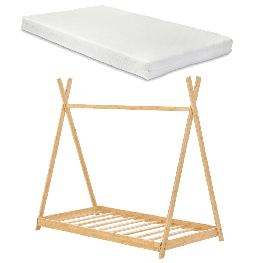 Letto 'Vimpeli' a Forma di Tenda Indiana con Materasso 90 x 200 cm Bambù Naturale [en.casa]