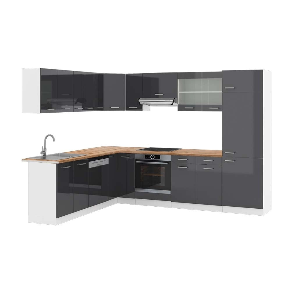 Cucina angolare completa R-Line Antracite lucido/Bianco 287 x 227 cm, PL Rovere Vicco
