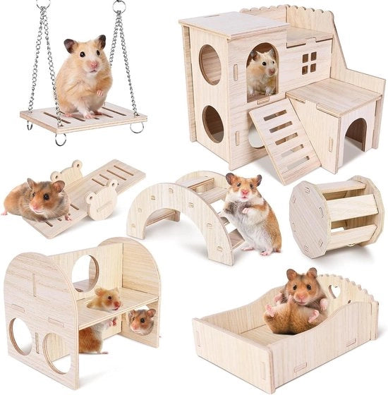 Casa per roditori in legno da assemblaggio - 7 pezzi - Inclusa campana, ruota, ponte, roccia e altalena - Adatto per cavi, gerbilli e hamster nani