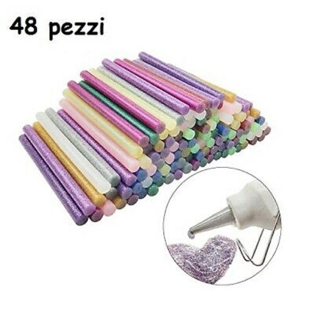 Trade Shop - 48 Stick Colla A Caldo Glitter Ricarica Per Pistola Lunga 18 Cm Diametro 11 Mm -
