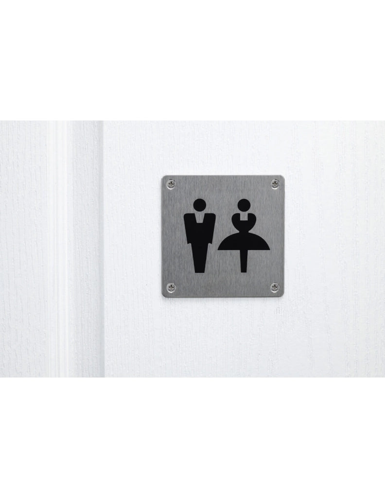 Cartello per toilette, avvitabile, targa in acciaio inossidabile spazzolato, marcatura nera, 100x100mm - THIRARD