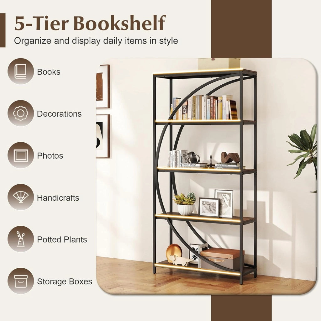 Libreria a 5 piani autoportante con 5 ripiani aperti, scaffale da esposizione industriale con design a mezzaluna per casa e ufficio, 86 x 30 x 175 cm (marrone)