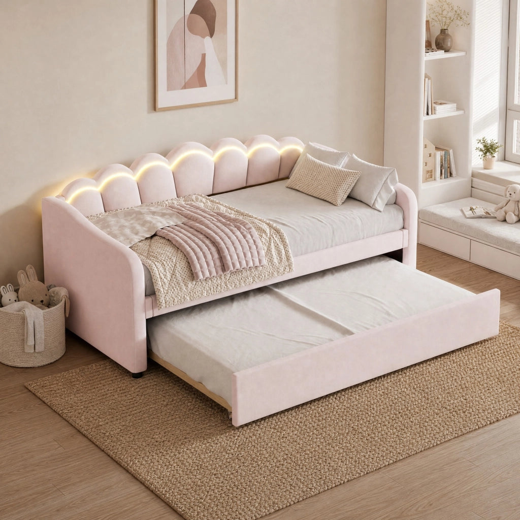 Letto singolo 90x200 cm con letto estraibile LED rosa