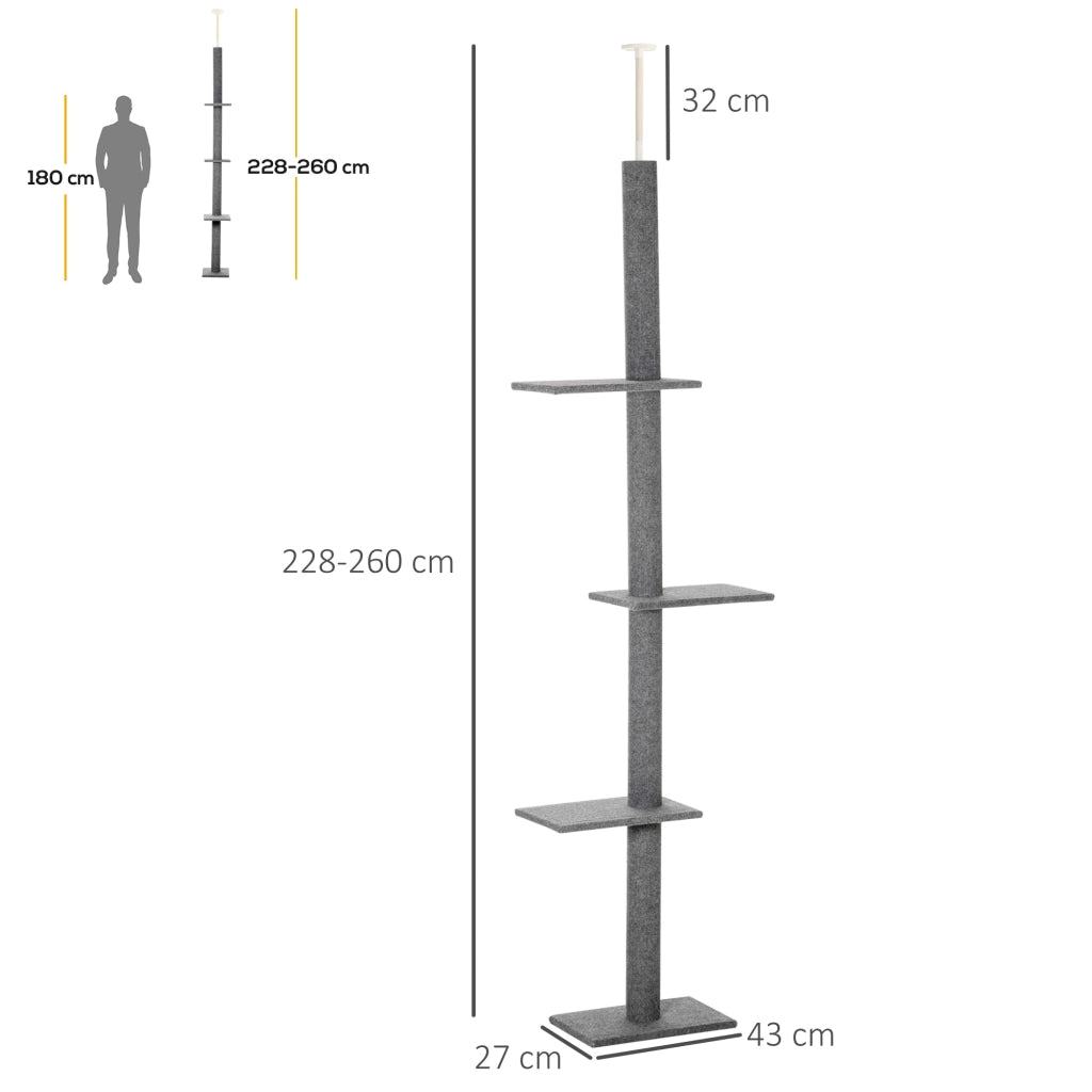Tiragraffi regolabile da soffitto 228-260 cm, albero per gatti grigio con 4 piattaforme