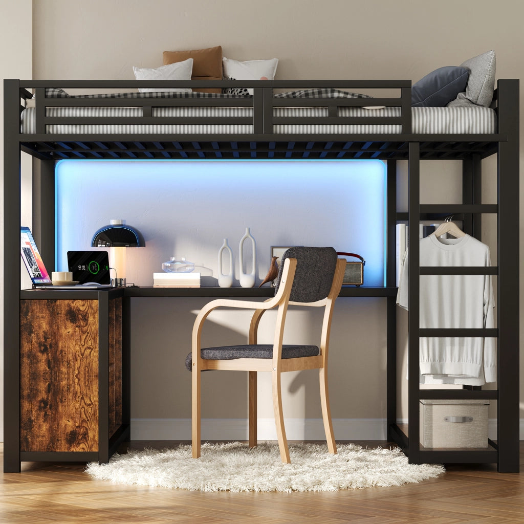 Letto a soppalco 140 × 200 cm con scrivania, LED, stazione di ricarica, armadio aperto, senza materasso, nero