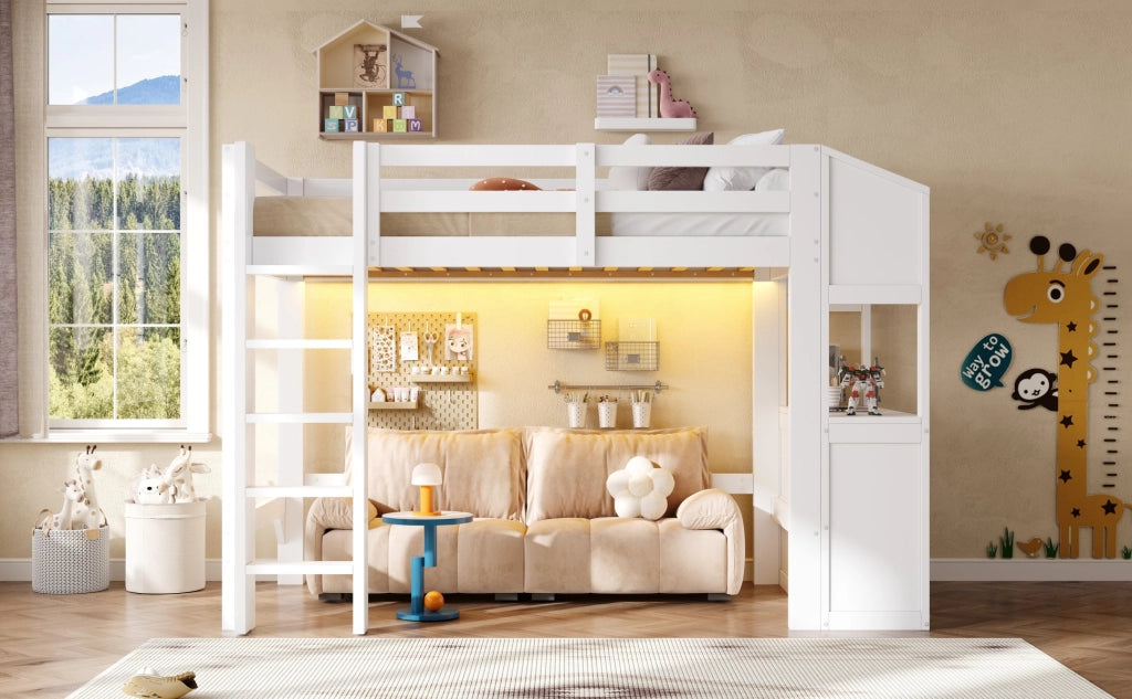 Letto a soppalco con 3 cassetti, scaffali e LED, 90x200 cm, bianco