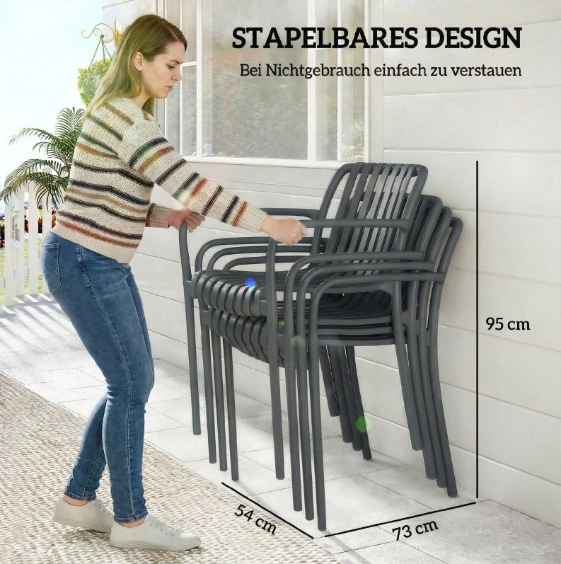 Set di 4 sedie da giardino impilabili con design a lamelle e braccioli, colore grigio scuro, ergonomiche