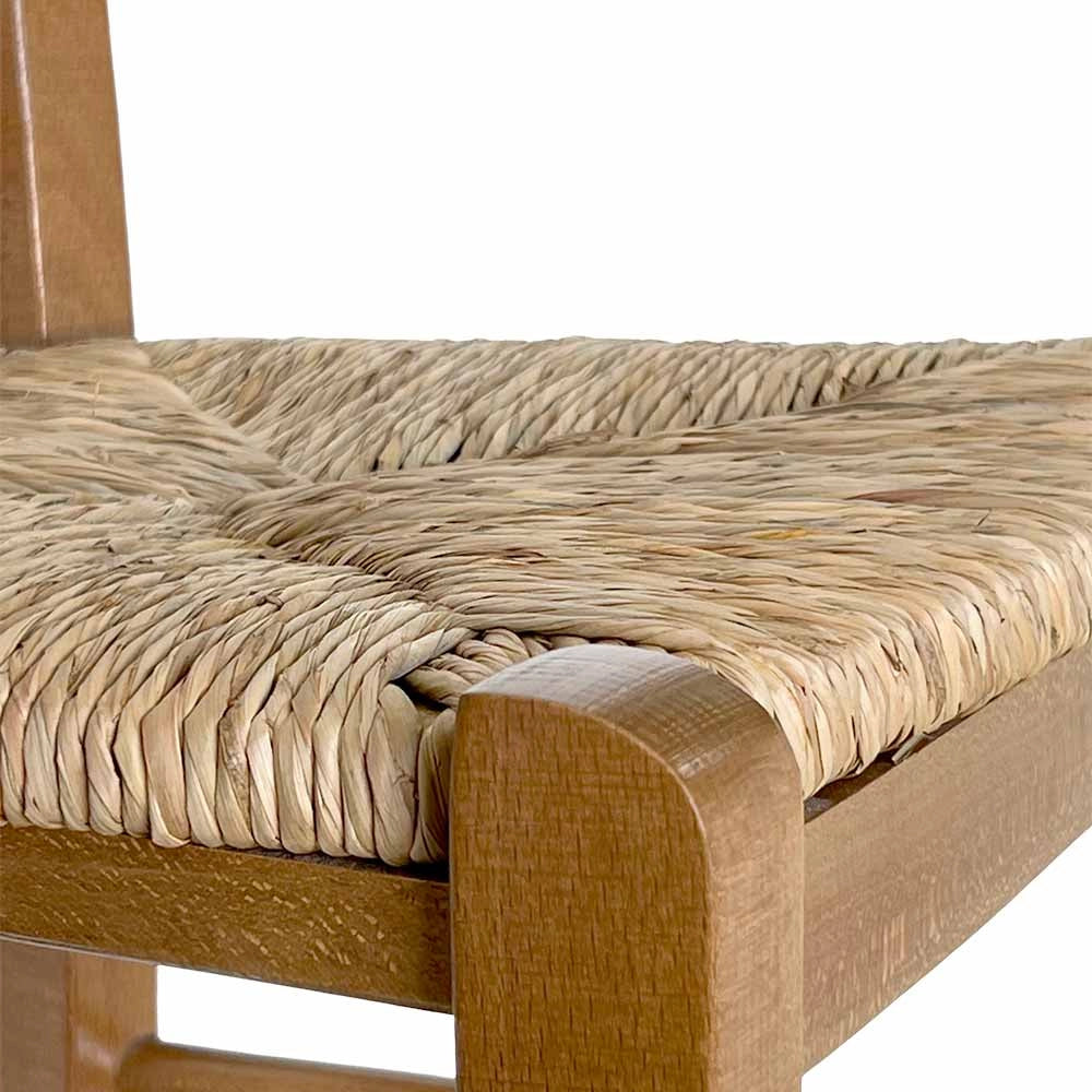 Sgabello in legno H 80 cm noce chiaro con schienale e seduta in paglia