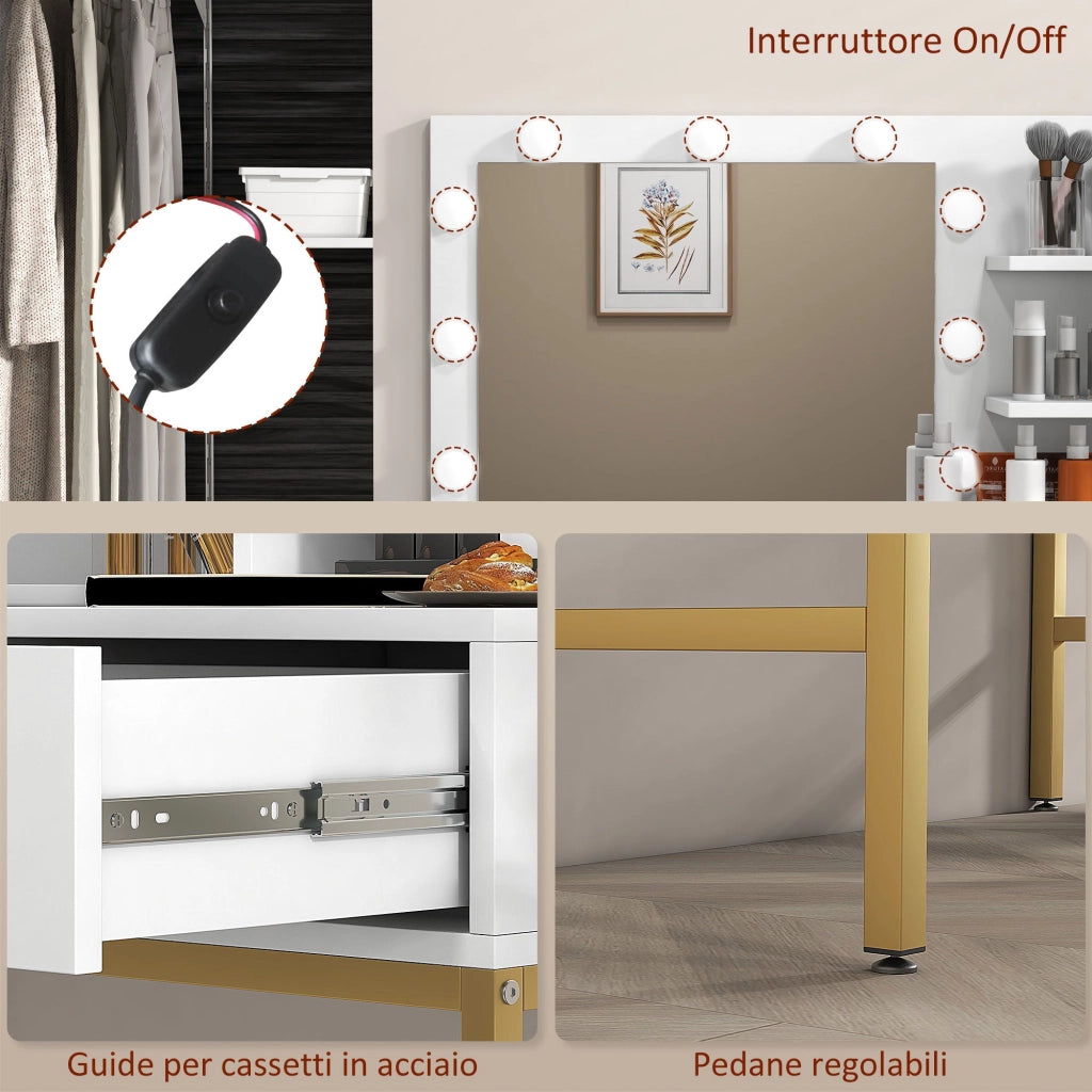 Mobile Toeletta con Specchio 2 Cassetti 5 Ripiani e Sgabello 80x40x138 cm in MDF e Truciolato Bianco