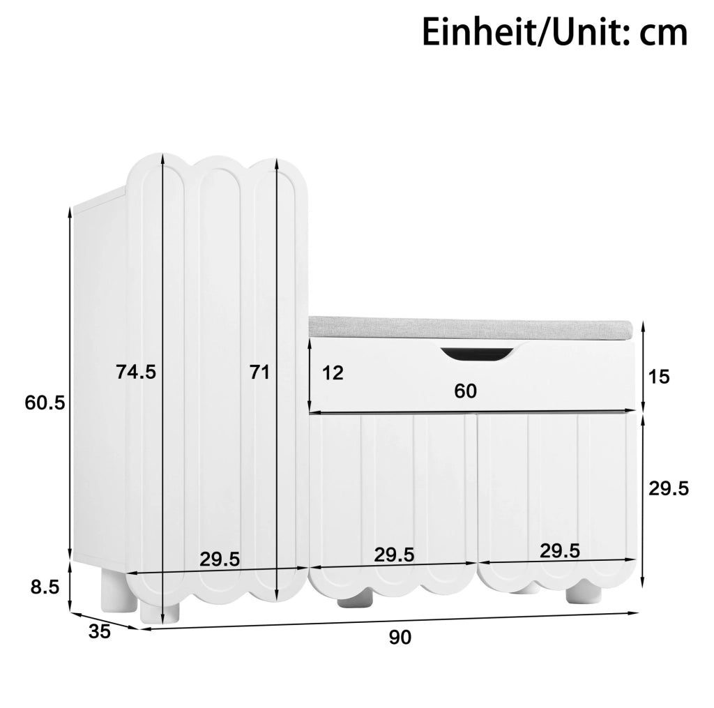 Scarpiera a 3 ante con cassetto e seduta imbottita 90x35x74;5 cm; bianco in MDF