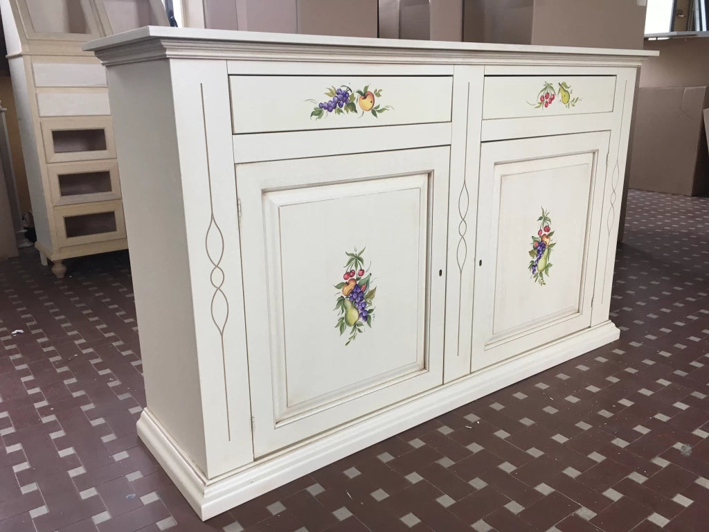 Credenzone in legno bianco invecchiato con decori misura l.177 p.48 h.110 - Mobili 2G