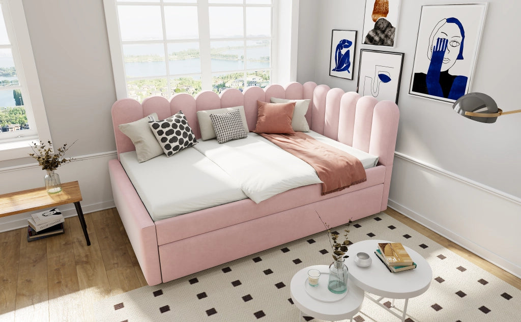 DESMIU Letto estraibile 140 × 200 cm 2 posti con secondo letto e schienale floreale, senza materasso, rosa