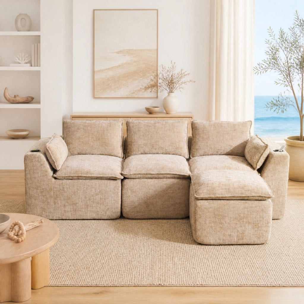 Divano modulare 256x161x75 cm con pouf; cuscini e tasche laterali in chenille kaki