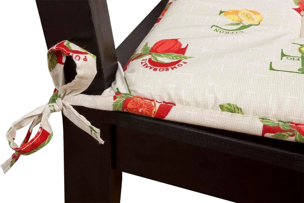 Set 4 Cuscini Sedia Cotone Lettere & Frutta Lavabili Coprisedie Universali Con Lacci Fissaggio