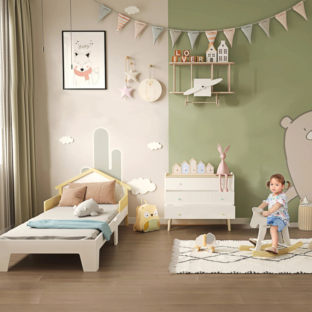 EasyComfort Cavallo a Dondolo Bambini da 1-3 Anni in Legno con Maniglie e Poggiapiedi, 68x26.5x48 cm, Bianco