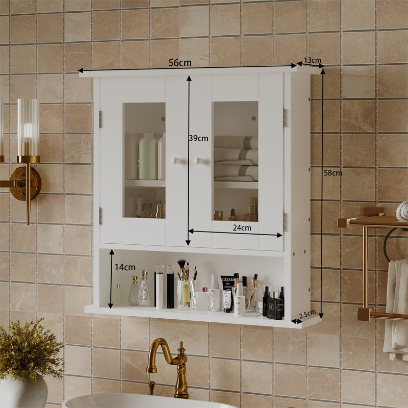 MOBILE DA BAGNO SOSPESO BIANCO A 2 ANTE IN VETRO DA PARETE CON RIPIANI