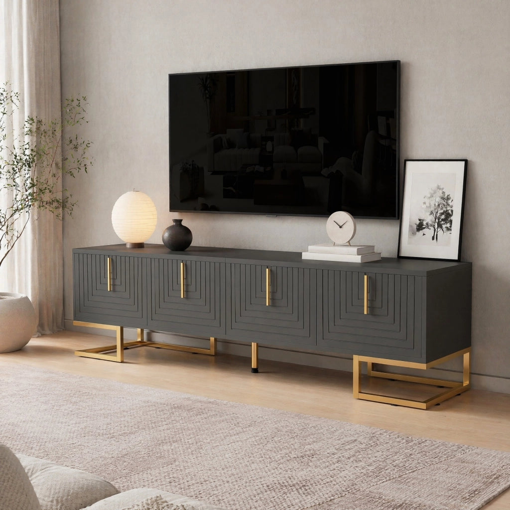 MOBILE TV 170 cm Grigio/Nero in truciolare con 4 ante e gambe dorate
