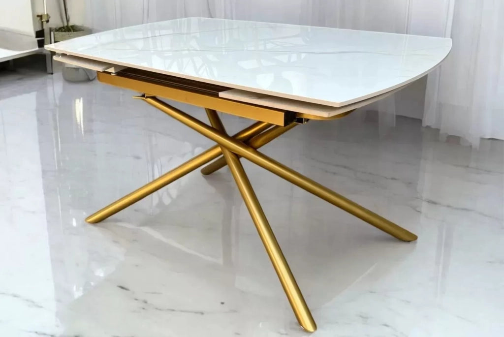 Tavolo moderno allungabile piano ceramica effetto marmo gambe oro 130x90x78 - Mobili 2G