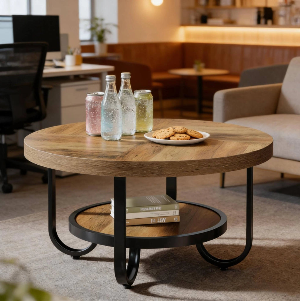 Tavolino rotondo a due livelli 79 cm; in MDF e metallo; nero e marrone