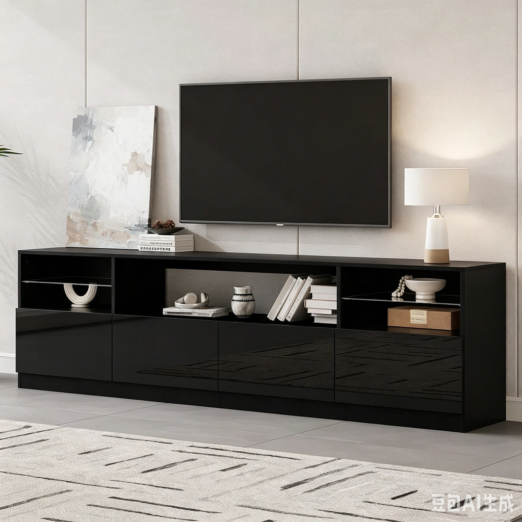 Cassettiera TV nera lucida in truciolare lunga 180 cm